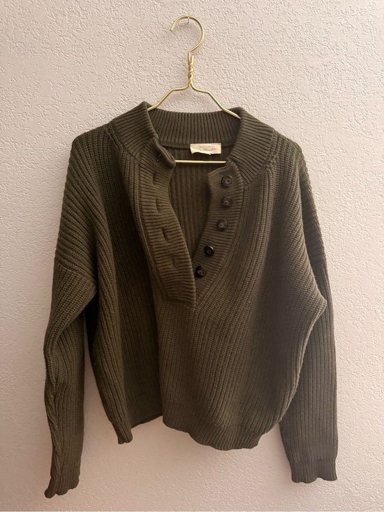 Sezane Sweaters - Sezane Olive Green Button-Placket Crewneck Sweater